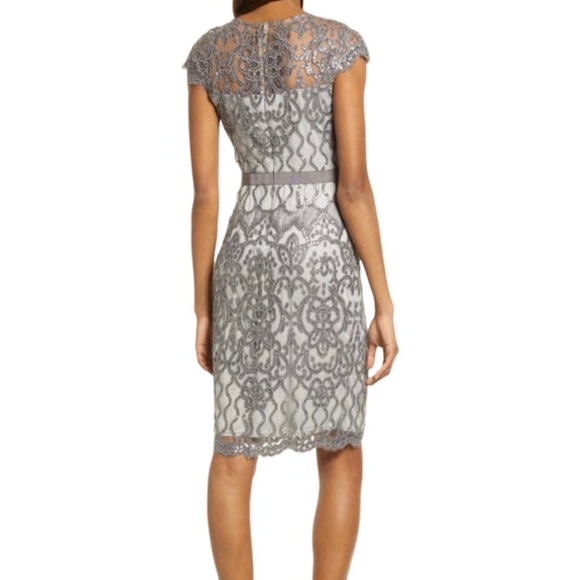 NWT Tadashi Shoji Grey Silver Sequin Lace Cocktail Dress Sz